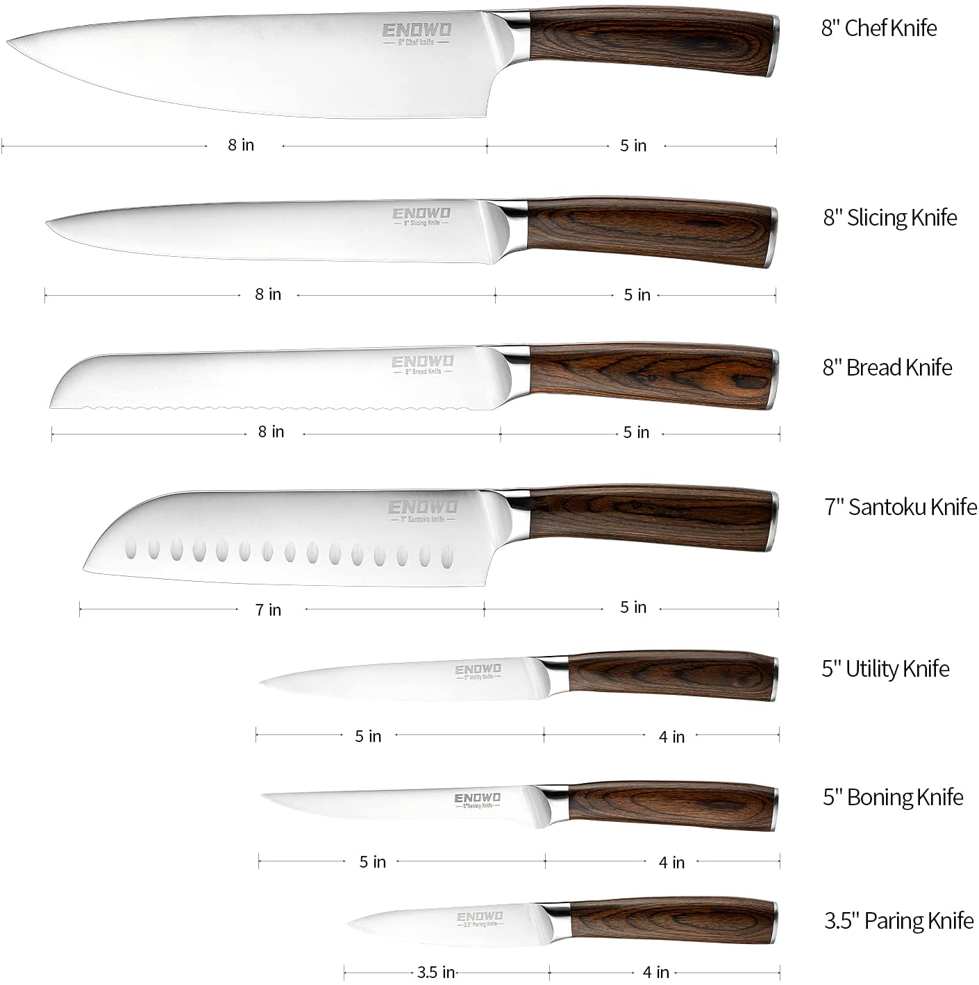 Enowo 7PCS Chef Knife Set,Ultra Sharp Kitchen Knife Set Cutlery Set Premium German Stainless Steel Knife Ergonomic Color Wood Handle Full Tang Gift Box Superb Edge Retention Stain Corrosion Resistant