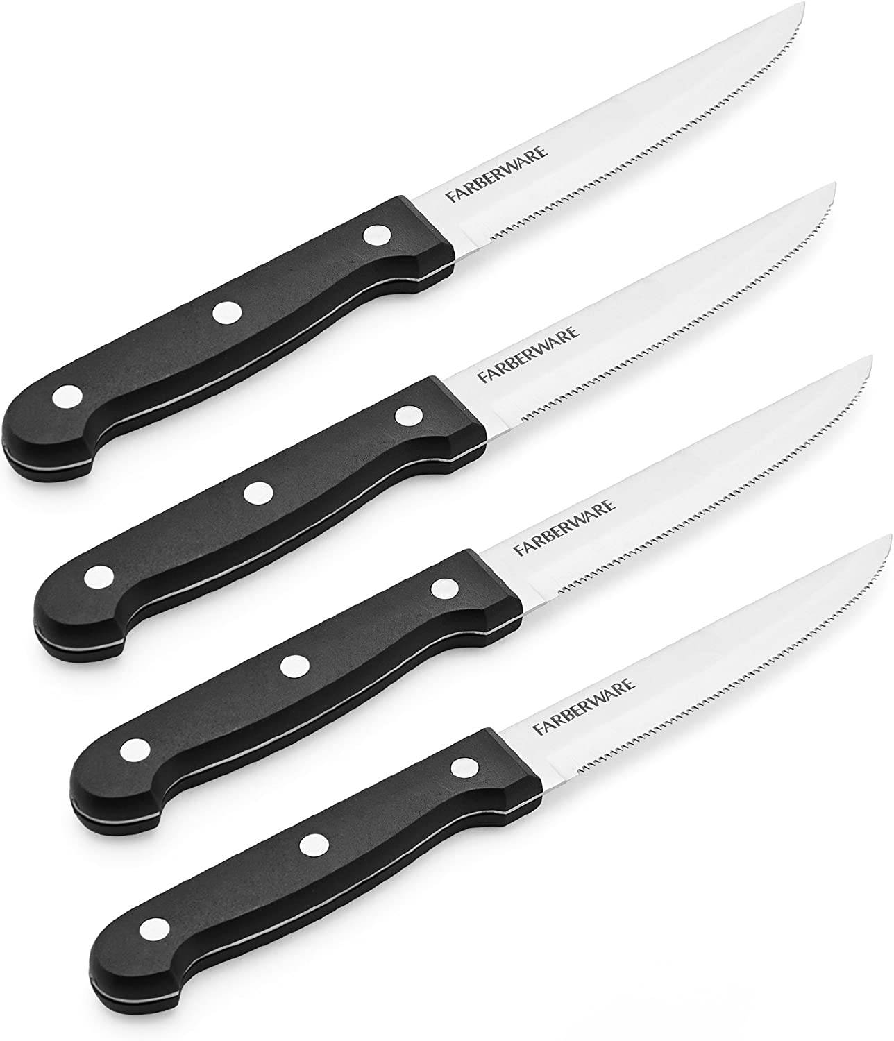 Farberware 4-Piece Full-Tang Triple Rivet 'Never Needs Sharpening' Stainless Steel Steak Knife Set, Black