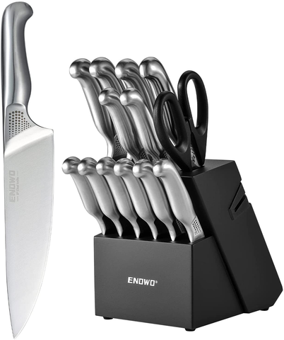 Image of Enowo14 PCS Chef Knife Set with Wooden Block Built-In Knife Sharpeners,German Stainless Steel Kitchen Knife Set with Exclusive Bolster Design Polka Dot Pattern,Hollow Handle,Kitchen Scissors