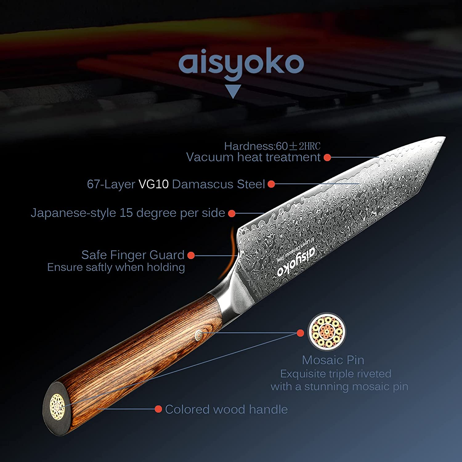 Aisyoko Chef Knife 8 Inch Damascus Japan VG-10 Super Stainless Steel Professional High Carbon Super Sharp Kitchen Cooking Knife, Ergonomic Color Wooden Handle Luxury Gift Box
