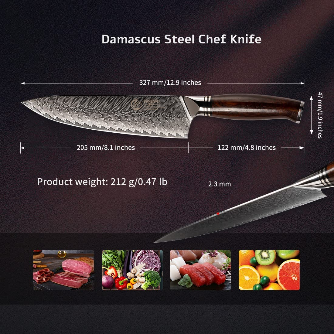 YARENH Damascus Chef Knife 8 Inch with Sheath - Professional Kitchen Knife - 73 Layers Japanese Damascus High Carbon Steel - Full Tang Dalbergia Wood Handle - FYW Series