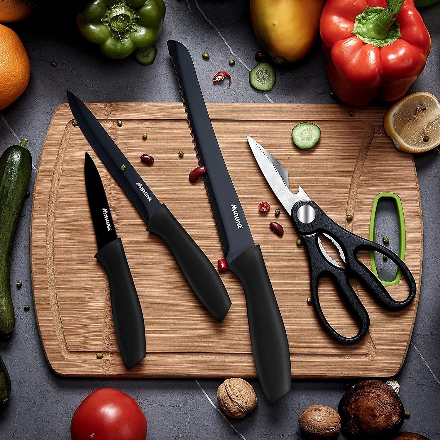 MIDONE Knife Set, 17 Pcs German High Carbon Stainless Steel Kitchen Knife Set - 7 Knives, 6 Serrated Steak Knives, Scissors, Peeler & Sharpener with Acrylic Stand, Black…