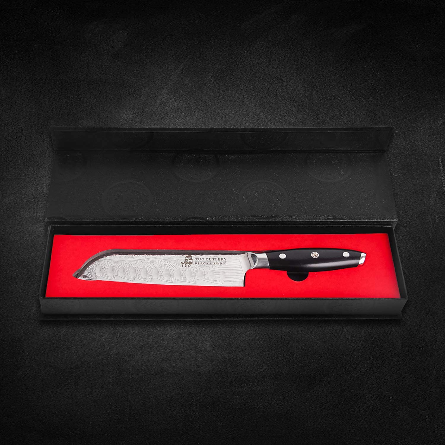 TUO Santoku Knife - Japanese Chef Knife 7-Inch High Carbon Stainless Steel - Kitchen Knives with G10 Full Tang Handle - Black Hawk-S Knives Including Gift Box