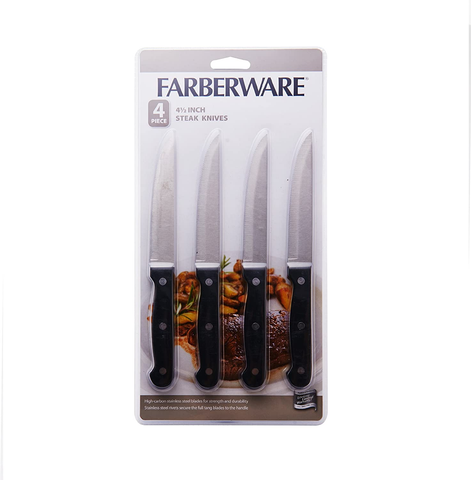 Image of Farberware 4-Piece Full-Tang Triple Rivet 'Never Needs Sharpening' Stainless Steel Steak Knife Set, Black