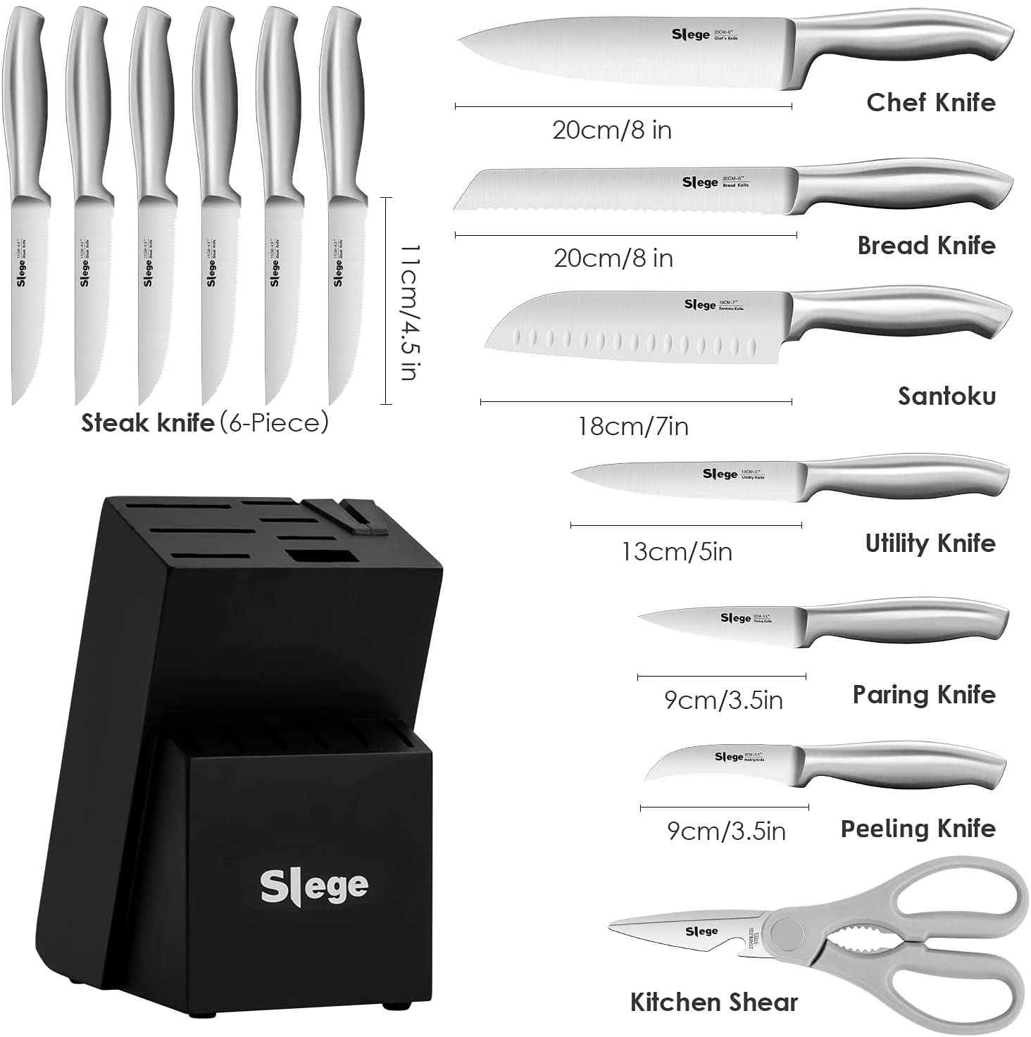 Knife Set, 15 Pcs Kitchen Knife Set with Built-In Sharpener, Stainless Steel Knife Block Set, Professional Chef Knife Set for Kitchen
