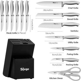 Knife Set, 15 Pcs Kitchen Knife Set with Built-In Sharpener, Stainless Steel Knife Block Set, Professional Chef Knife Set for Kitchen