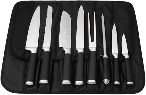 Image of 9-Piece Kitchen Knife Set in Carry Case - Ultra Sharp Chef Knives with Ergonomic Handles - Professional Japanese Chef'S Knife Set with Paring, Carving, Bread, Santoku, Utility Knives, Fork, Sharpener