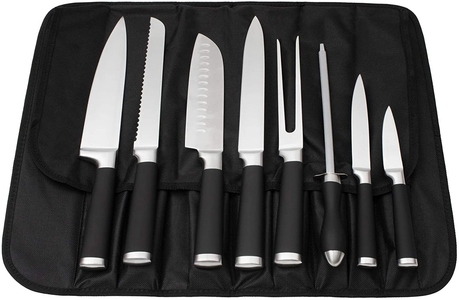 9-Piece Kitchen Knife Set in Carry Case - Ultra Sharp Chef Knives with Ergonomic Handles - Professional Japanese Chef'S Knife Set with Paring, Carving, Bread, Santoku, Utility Knives, Fork, Sharpener
