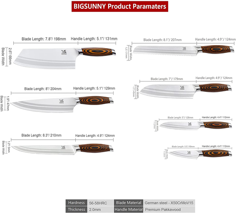 Image of MSY BIGSUNNY 7-PCS Knife Set, Tang Series Kitchen Knife Set with Cleaver Knife, German Stainless Steel for Chef Knife Set with Pakkawood Handle, Perfect Cutlery Set Gift