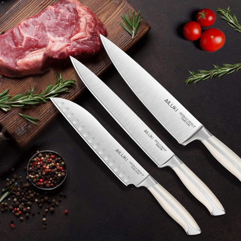 Image of Knife Set,18 Piece Kitchen Knife Set with Block Wooden and Sharpener, Professional High Carbon German Stainless Steel Chef Knife Set, Ultra Sharp Full Tang Forged White Knives Set