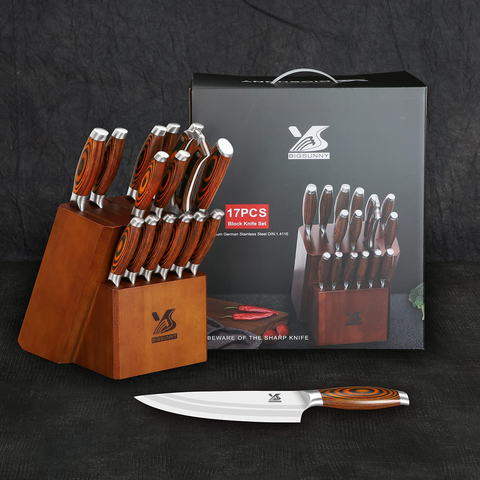 Image of MSY BIGSUNNY Knife Block Set 17-Piece Knife Set with Wooden Block - German Steel Perfect Cutlery Set Gift