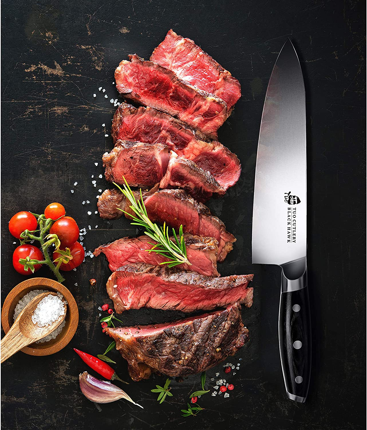 TUO Chef Knife - 8 Inch Kitchen Chefs Knives Professional Cooking Knife - German HC Steel - Full Tang Pakkawood Handle - BLACK HAWK SERIES with Gift Box