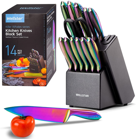 Image of WELLSTAR Rainbow Knife Set 14 Pieces, Iridescent German Stainless Steel Kitchen Knives Set with Wooden Block, Colorful Titanium Coating, Chef’S Knife Block Set with Scissors and Built-In Sharpener