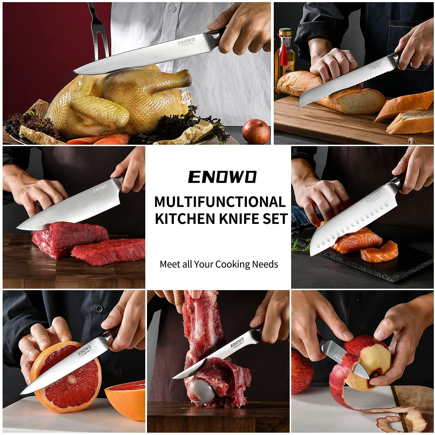 Enowo 7PCS Chef Knife Set,Ultra Sharp Kitchen Knife Set Cutlery Set Premium German Stainless Steel Knife Ergonomic Color Wood Handle Full Tang Gift Box Superb Edge Retention Stain Corrosion Resistant