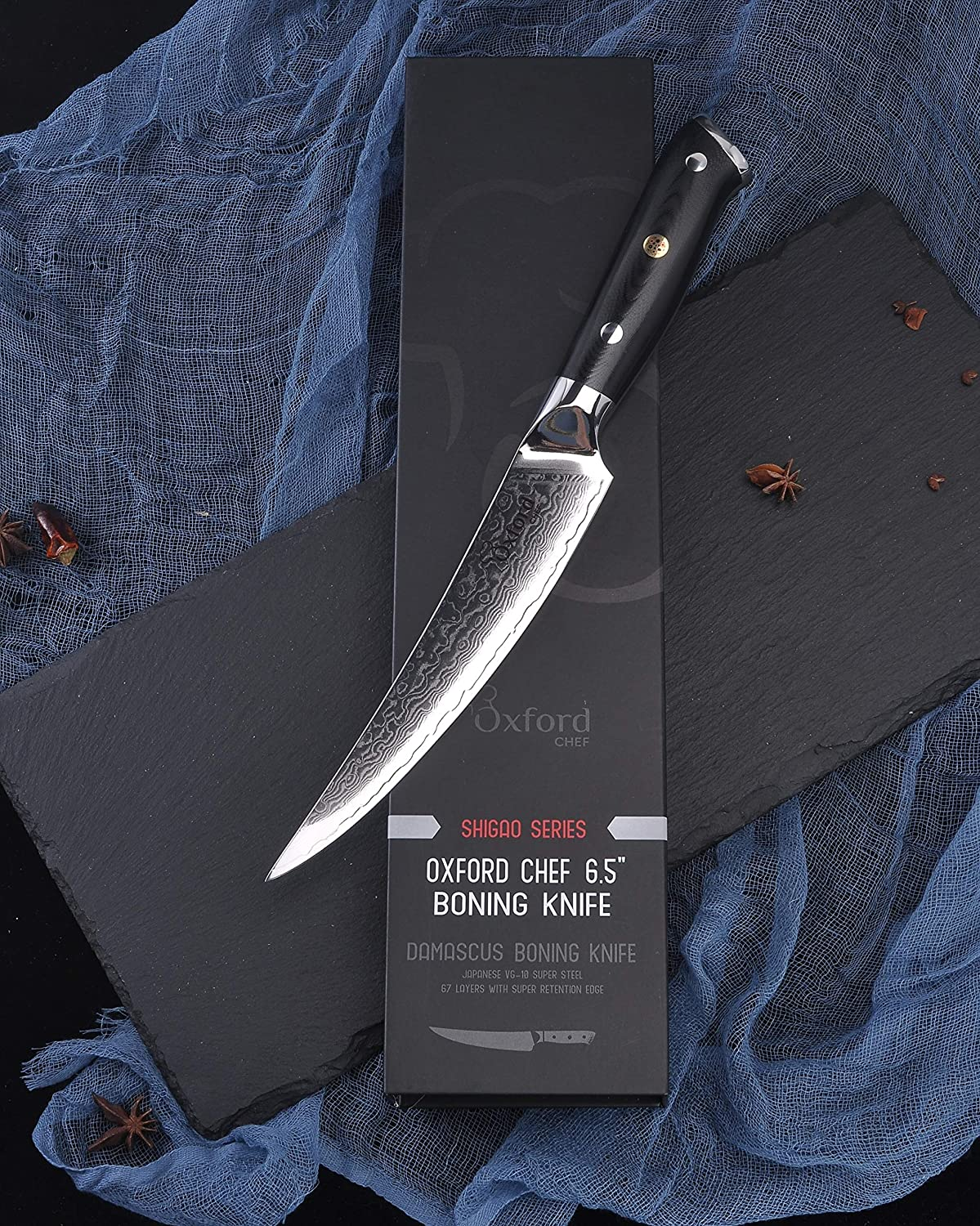Boning (Fillet) Knife 6.5 Inch by Oxford Chef - Best Damascus- Japanese- VG10 Super Steel 67 Layer High Carbon Stainless Steel-Razor Sharp, Stain & Corrosion Resistant, Awesome Edge Retention