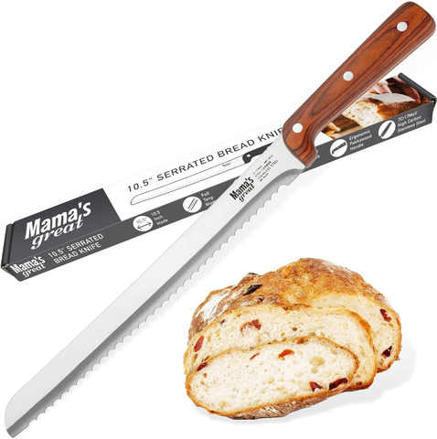 Image of Serrated Bread Knife for Homemade Bread. Long 10.5 Inch Ultra Sharp Blade for Effortless Cuts of Thick Loaves. Professional Bread Cutter for Crusty Sourdough Bread. Works Well with Bread Slicer Guides