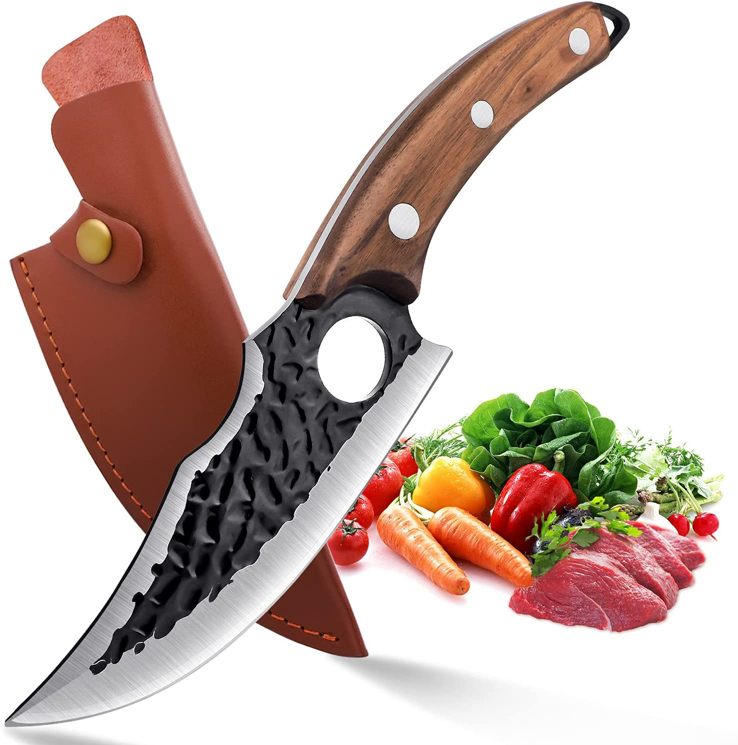 Upgraded Huusk Kitchen Chef Knife Viking Knife with Sheath Japanese Forged Japan Knives Boning Knife Multipurpose Meat Knives Outdoor Camping BBQ Knife with Gift Box