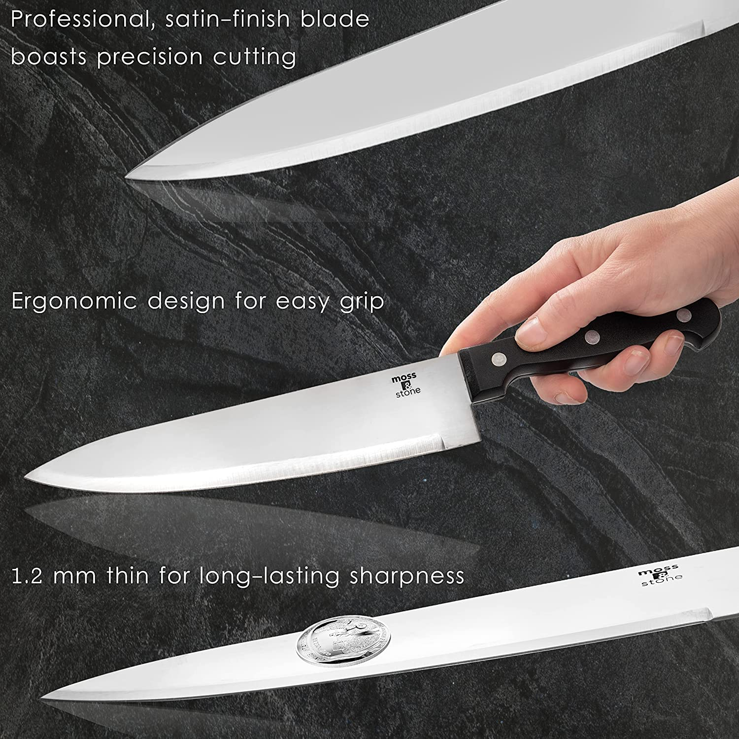 Stainless Steel Serrated Knife Set | Kitchen Knives Set with High-Carbon Stainless Steel Blades and Wooden Block Set | Cutlery Knife Set , Kitchen Set by Moss & Stone. (14 Piece)