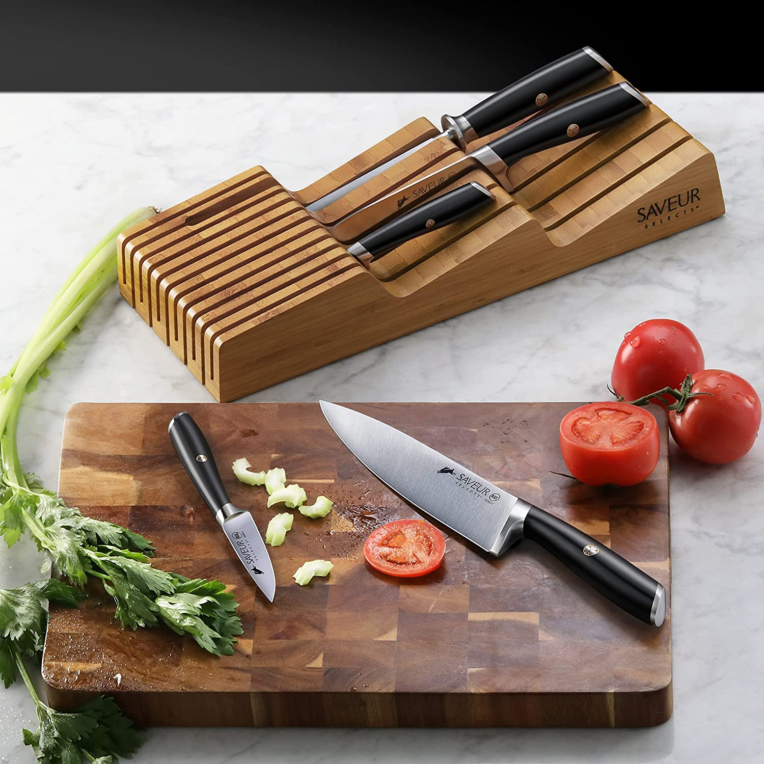Saveur Selects 1026306 German Steel Forged 6-Piece Knife Set with Bamboo in Drawer Storage Knife Block