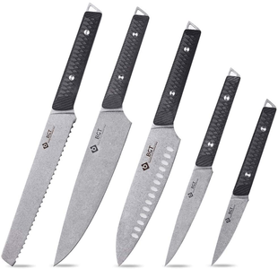 BGT Kitchen Knife Set, 5Pcs Professional Chef Knife Set with Bag, Stonewashed Swedish Sandvik 12C27 Steel Kitchen Knife Set with G10 Handle