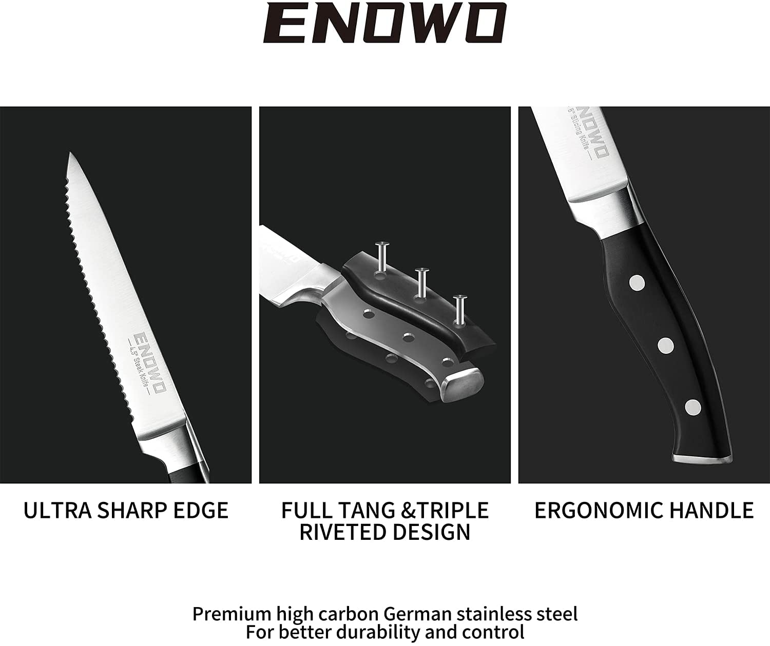 Enowo Steak Knife Set,4 Serrated Steak Knives Carving Knife Meat Fork Made from German Stainless Steel,Ultra-Sharp Rust Proof Full-Tang with Gift Box for Family Dinner,Picnic,Party,Special Holidays