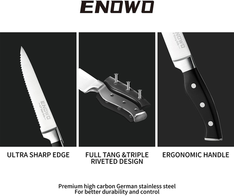 Image of Enowo Steak Knife Set,4 Serrated Steak Knives Carving Knife Meat Fork Made from German Stainless Steel,Ultra-Sharp Rust Proof Full-Tang with Gift Box for Family Dinner,Picnic,Party,Special Holidays