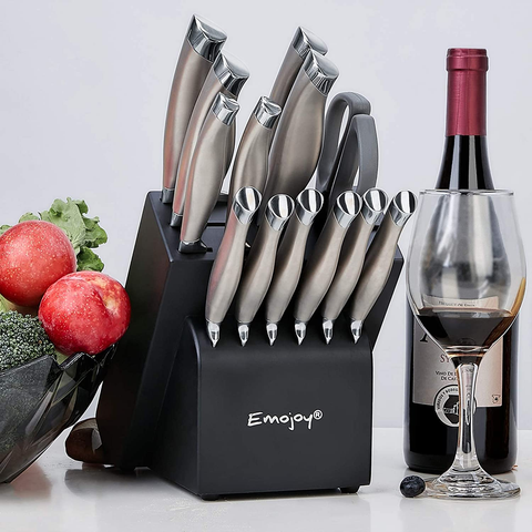 Image of Emojoy Knife Set with Block, 15 Pieces Kitchen Knife Set with Built-In Sharpener, German Stainless Steel Sharp Chef Knife Set with Hollow Handle, Dishwasher Safe and Rust Proof, Grey