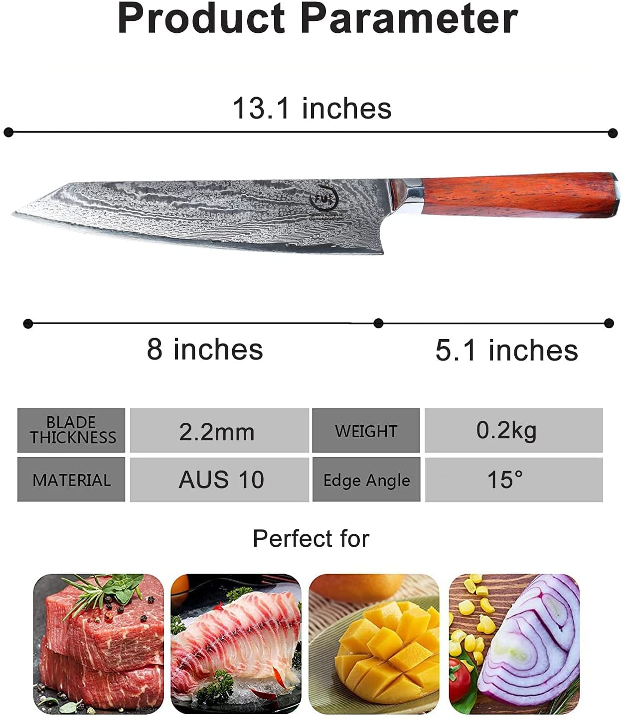 Chef Knife 8 Inch, Fukep Ultra Sharp Damascus Chef Knife AUS10 Core Steel 72 Layers High Carbon Steel Japanese Kitchen Knife Ergonomic Mahogany Handle Kitchen Gifts