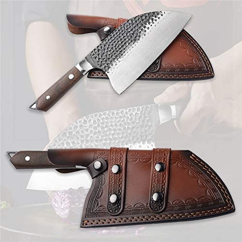 Image of [Full Tang]Butcher Knife Handmade Forged Kitchen 8” Chef Knife Grandsharp Pro Razor Sharp Serbian Clad High Carbon Steel Vegetable Chopping Cutting Meat Cleaver with Leather Sheath-Ebony Wood Handle