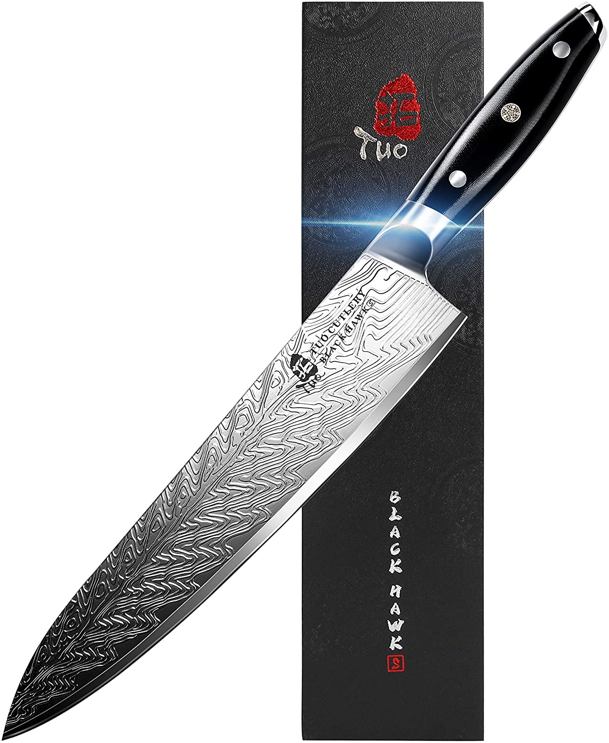 TUO Chef Knife - Kitchen Knives 10-Inch High Carbon Stainless Steel - Pro Chef Vegetable Meat Knife with G10 Full Tang Handle - Black Hawk S Knives Including Gift Bo