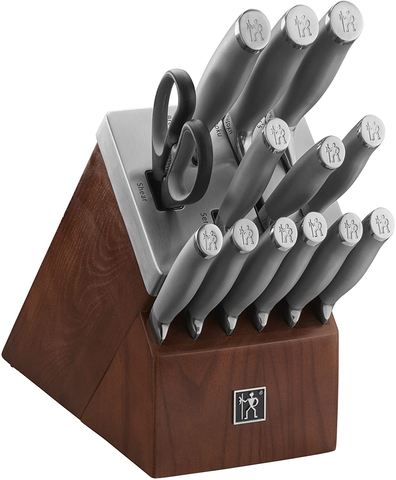 Image of HENCKELS Modernist 14-Pc Self-Sharpening Knife Set with Block, Chef Knife, Paring Knife, Bread Knife, Steak Knife Set, Dark Brown, Stainless Steel