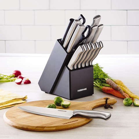 Image of Farberware Stamped 15-Piece High-Carbon Stainless Steel Knife Block Set, Steak Knives, Black