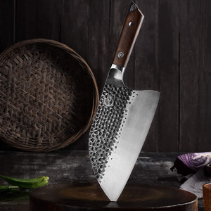 [Full Tang]Butcher Knife Handmade Forged Kitchen 8” Chef Knife Grandsharp Pro Razor Sharp Serbian Clad High Carbon Steel Vegetable Chopping Cutting Meat Cleaver with Leather Sheath-Ebony Wood Handle