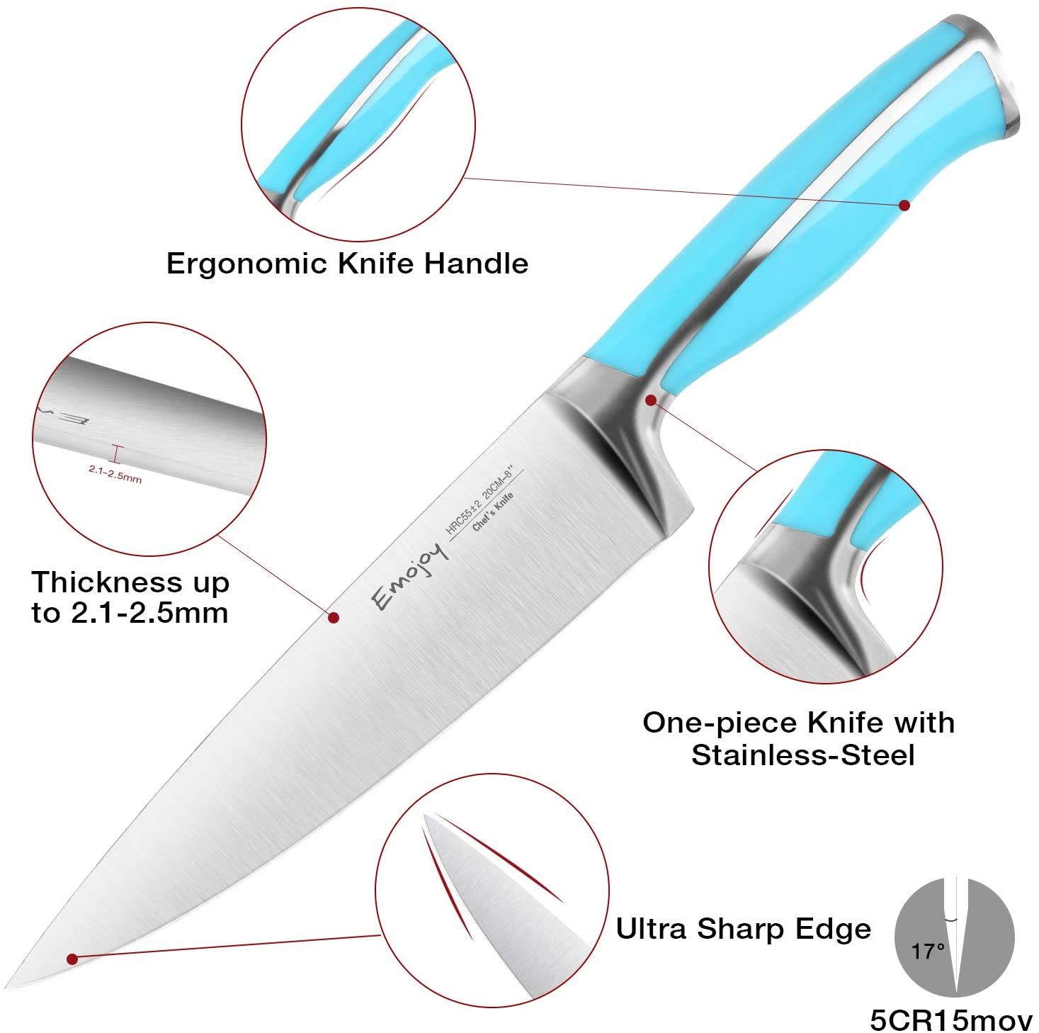 Knife Set, Emojoy 15 Piece Kitchen Knife Set with Block Wooden, German Stainless Steel Sharp Chef Knife Set with Sharpener, Dishwasher Safe and Rust Proof, Red, Black, Blue