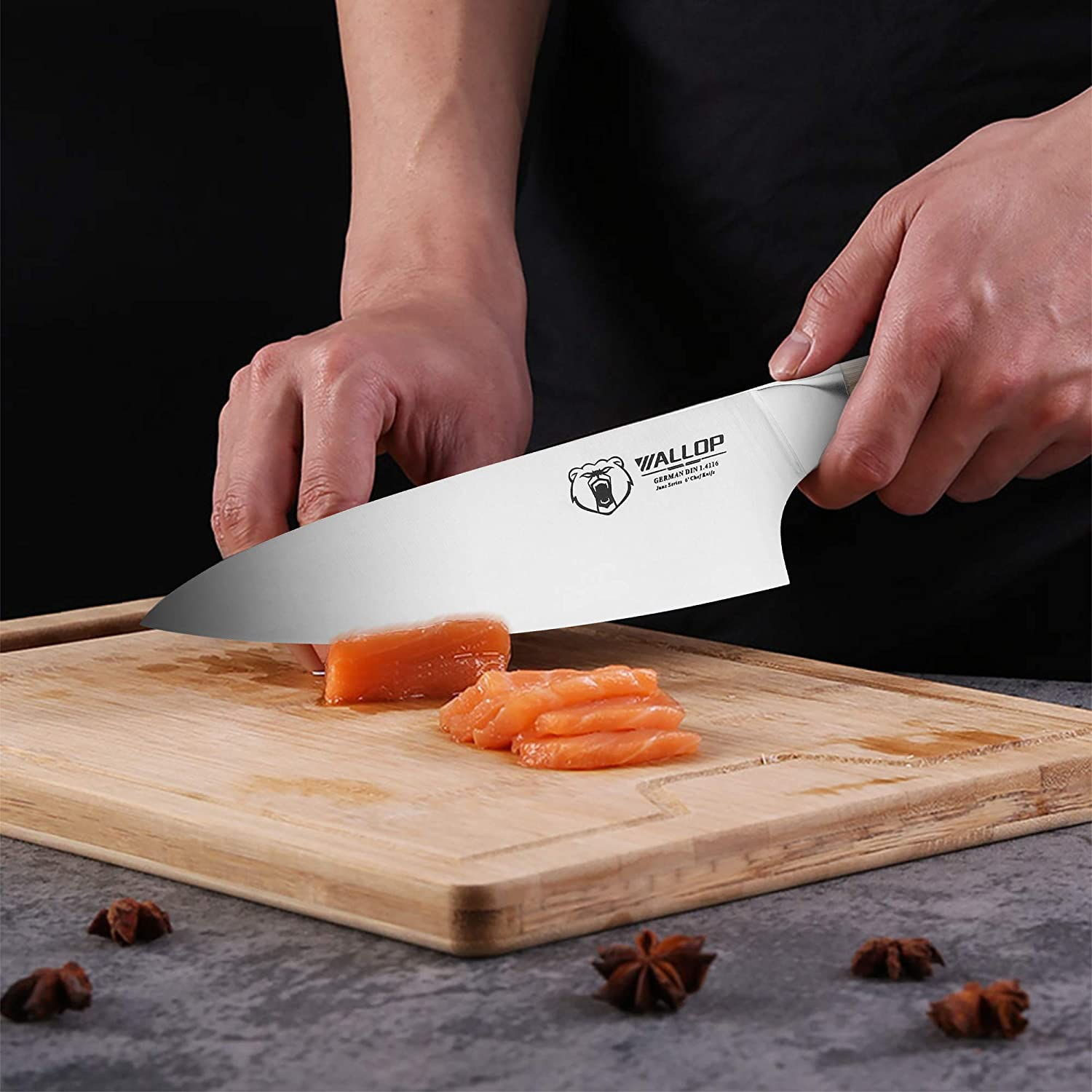 WALLOP Chef Knife - 6 Inch Small Kitchen Chef Knife, Razor Sharp Cooking Knife - German Stainless Steel Japanese Gyuto Knife - Full Tang Natural Pakkawood Handle with Gift Box