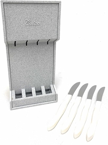 Image of CUTCO Model 1864 Set of Four White (Pearl) #1759 Table Knives plus #1745 Tray........................Knives Have 3.4" Double-D® Serrated Edge Blades and 5" Handles.............Knives Are in Factory Sealed Plastic Bags.