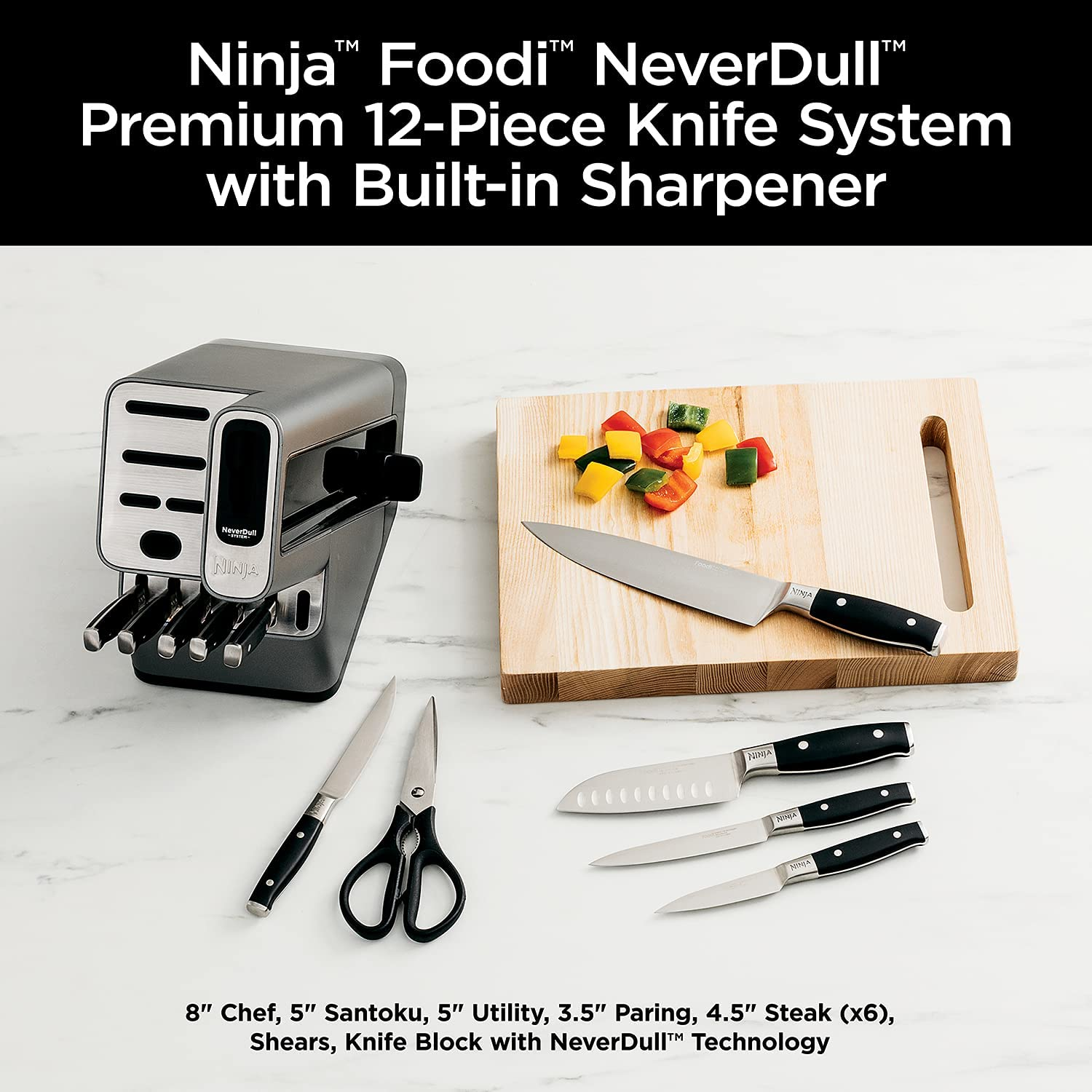 Ninja K32012 Foodi Neverdull Premium Knife System, 12 Piece Knife Block Set, Stainless Steel/Black