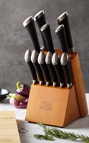 Image of Chicago Cutlery Fusion 12 Piece Forged Premium Knife Block Set with Wooden Storage Block | Cushion-Grip Handles with Stainless Steel Blades | Kitchen Knife Set