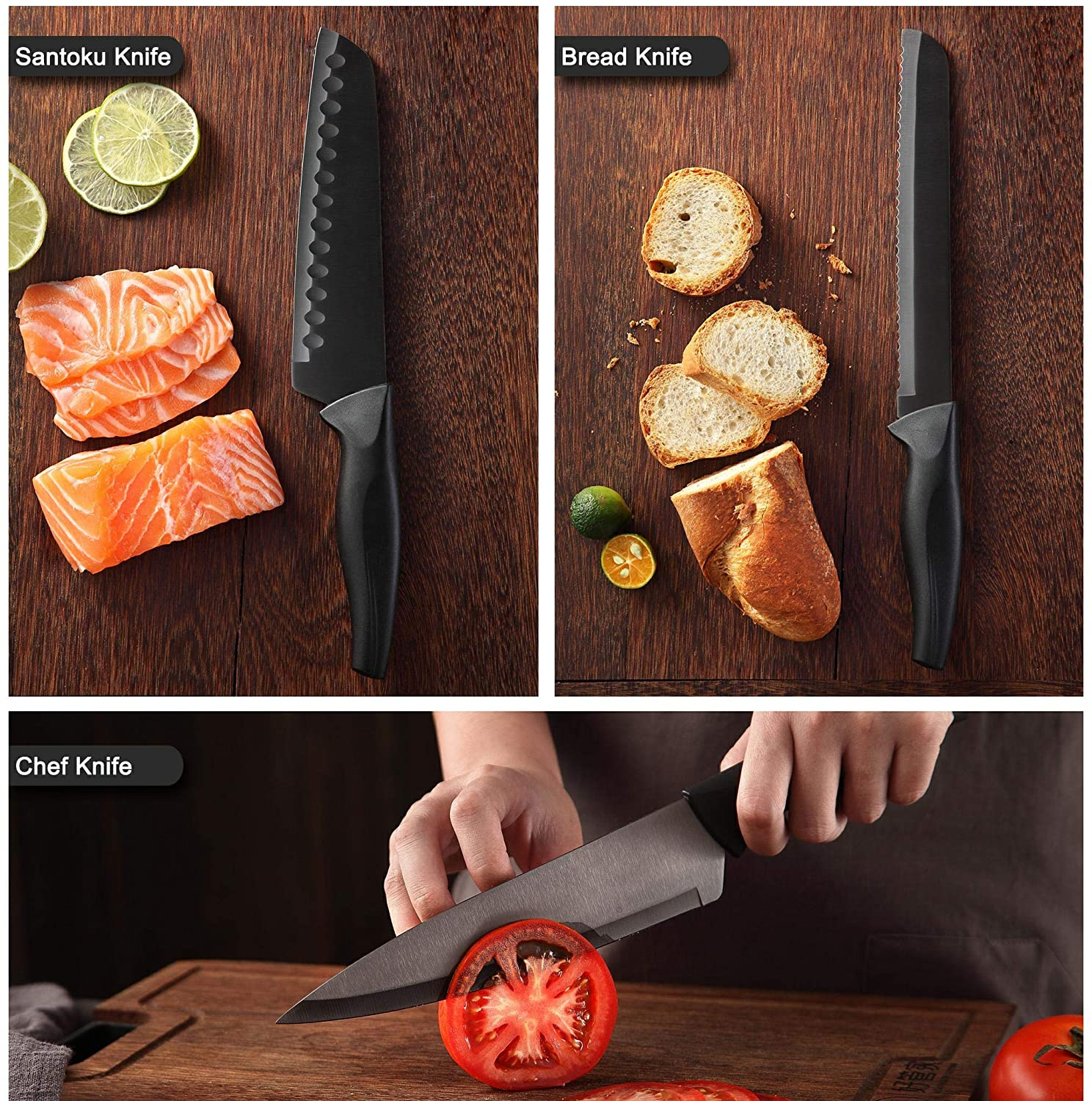 Wanbasion Black Stainless Steel Knife Set, Sharp Kitchen Knife Set Professional, Kitchen Knife Set Dishwasher Safe for Cooking