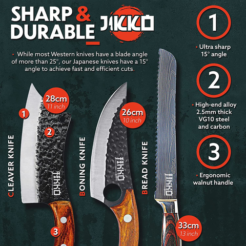 Image of JIKKO New 67 Layers Carbon Steel Japanese Knife Set - Original Series - Kitchen Knife Set with Walnut and Mahogany Wood Handles - 6 Japanese Chef'S Knives with Exceptional Sharpness - HRC60 Approved