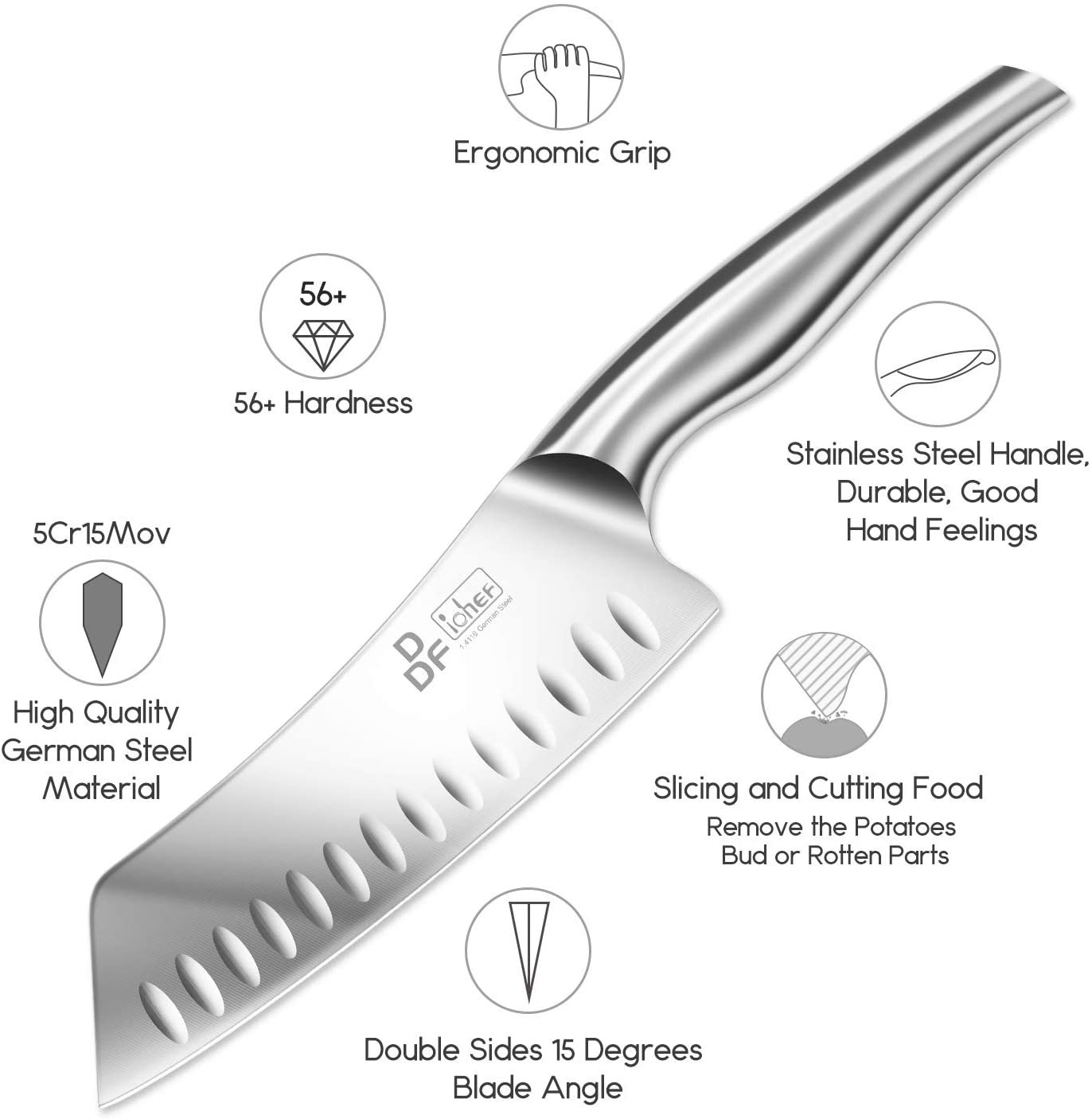 DDF Iohef Kitchen Knife, Chef'S Knife in Stainless Steel Professional Cooking Knife, 7 Inch Antiseptic Non-Slip Ultra Sharp Knife with Ergonomic Handle Ideal for Kitchen / Restaurant