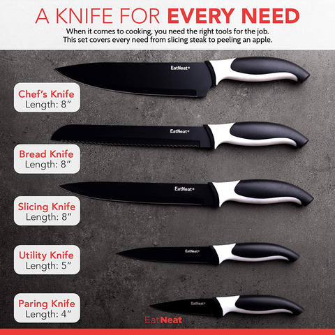 Image of Eatneat 12-Piece Kitchen Knife Set - 5 Black Stainless Steel Knives with Sheaths, Cutting Board, and a Sharpener - Razor Sharp Cutting Tools That Are Kitchen Essentials for New Home