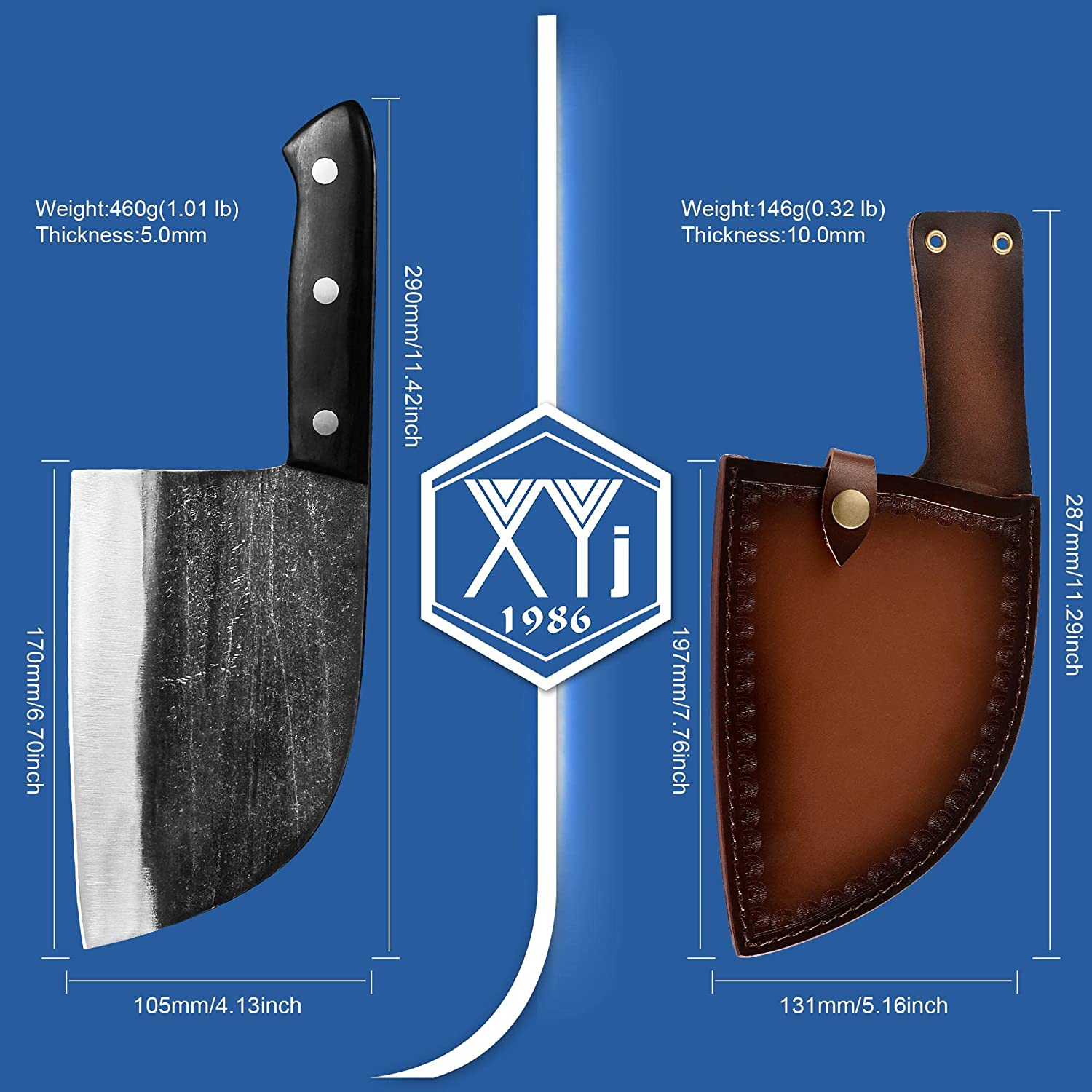 Authentic XYJ since 1986,Outstanding Ancient Forging,6.7 Inch Full Tang,Serbian Chefs Knife,Chef Meat Cleaver,Kitchen Knives,Set with Leather Sheath,Take Carrying,Butcher,For Camping or Outdoor