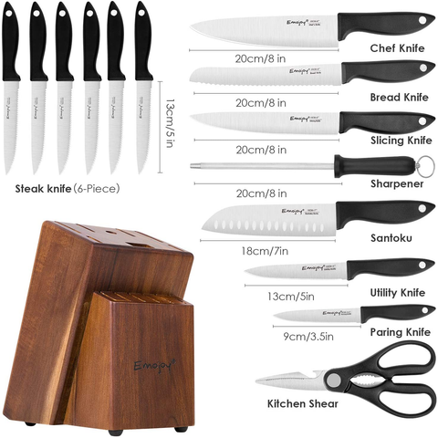 Image of Knife Set 15-Piece Kitchen Knife Set with Sharpener Wooden Block and Serrated Steak Knives,Emojoy Germany High Carbon Stainless Steel Knife Block Set