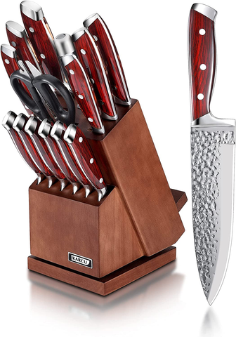 Image of Knife Set, Karcu Kitchen Knife Set with Block, 15-Piece German High Carbon Steel with Acrylic Handle, Rotating Acacia Block