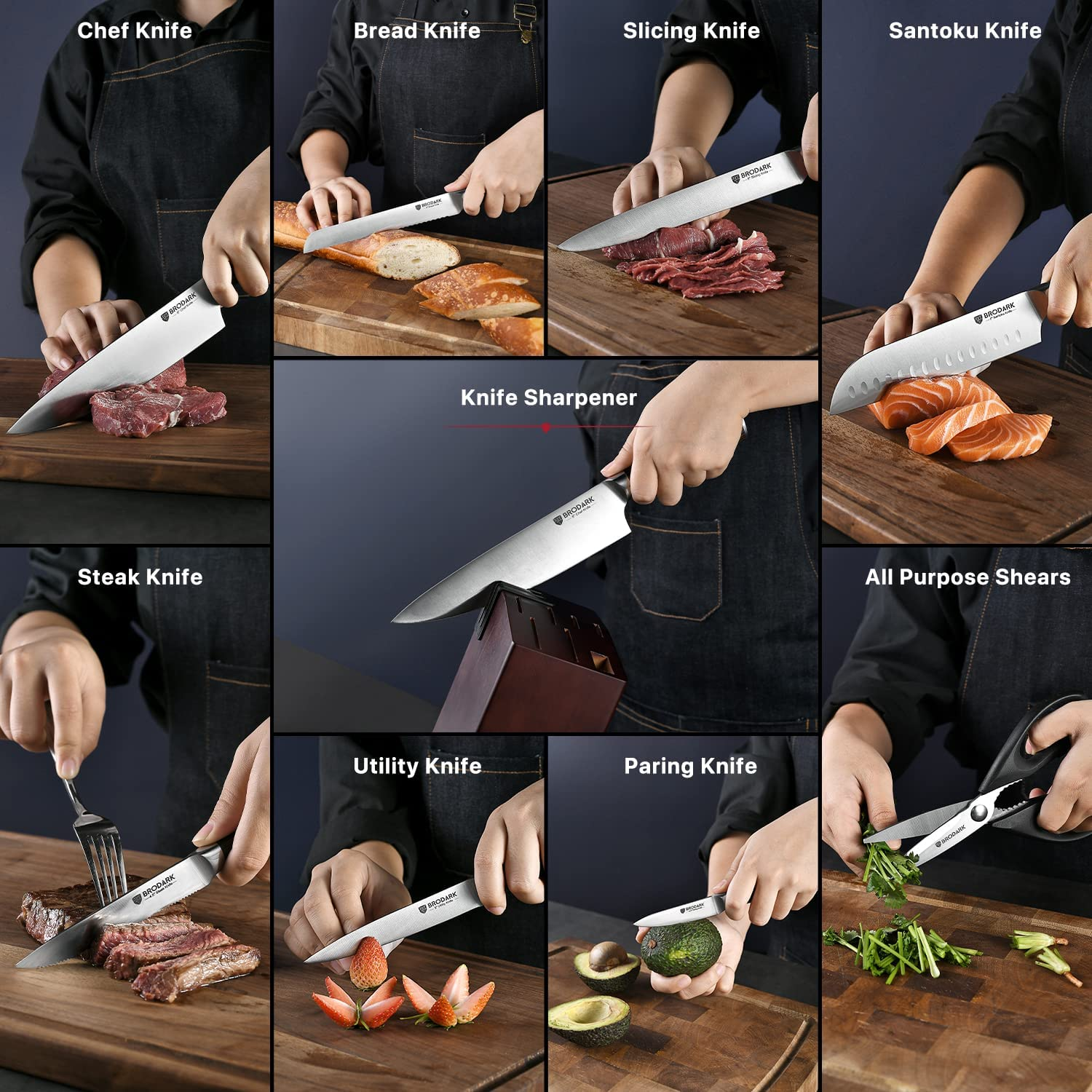 BRODARK Kitchen Knife Set with Block, Ultra Sharp 15 PCS German Stainless Steel Professional Chef Knife Set with 2 Stage Knife Sharpener, Ergonomic Handle Full Tang Forged Gift with Premium Box