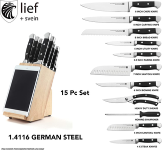 LIEF+SVEIN Brand German Steel Knife Block Set, 15-Piece Kitchen Knife Sets. German Stainless 1.4116 Steel. Unique Kitchen Knives Set with Ipad Holder. Ideal Knife Set with Block and Sharpener.