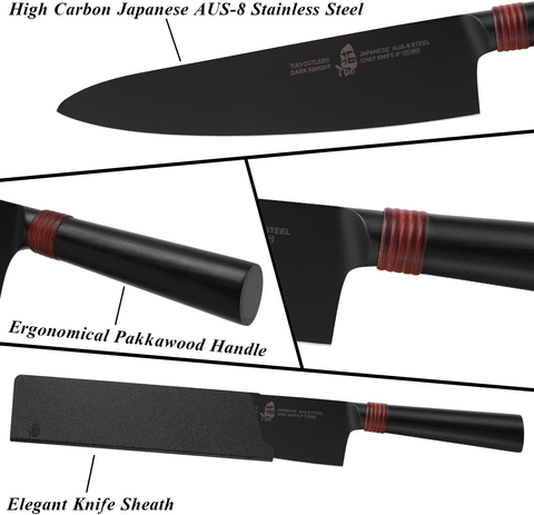 Image of TUO Chef Knife 8" - Japanese Gyuto Knife Super Sharp Chefs Knives Black Titanium Coated Blade - Premium AUS-8 Stainless Steel Ergonomic Pakkawood Handle - Dark Knight Series with Sheath & Gift Box