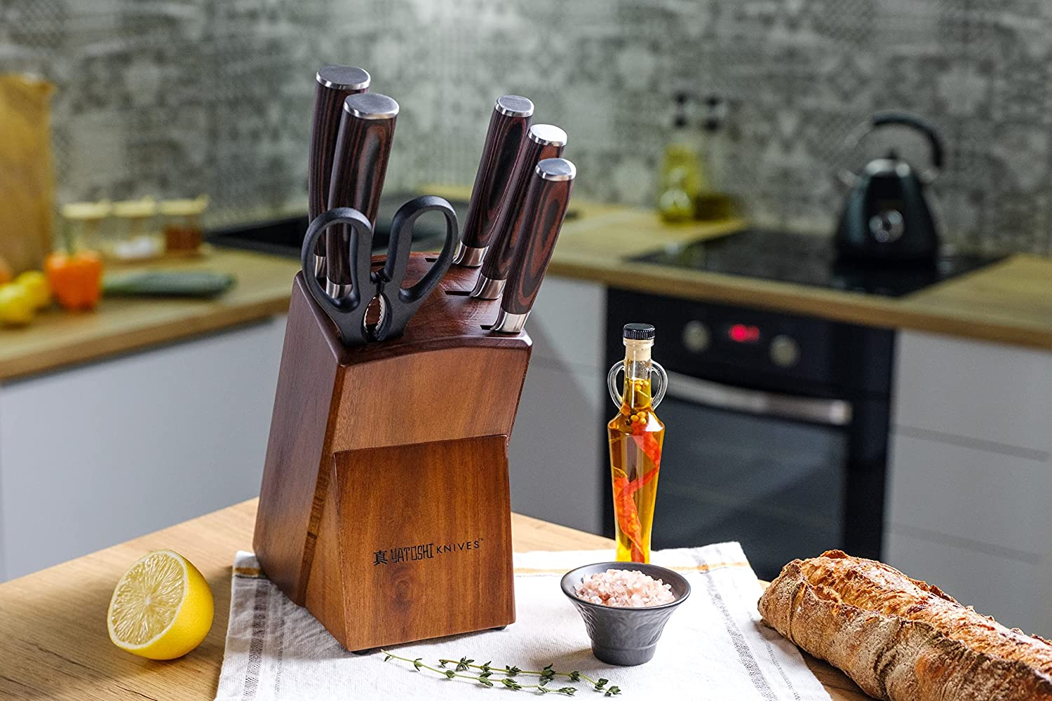 Yatoshi 5 Knife Block Set - Pro Kitchen Knife Set Ultra Sharp High Carbon Stainless Steel with Ergonomic Handle