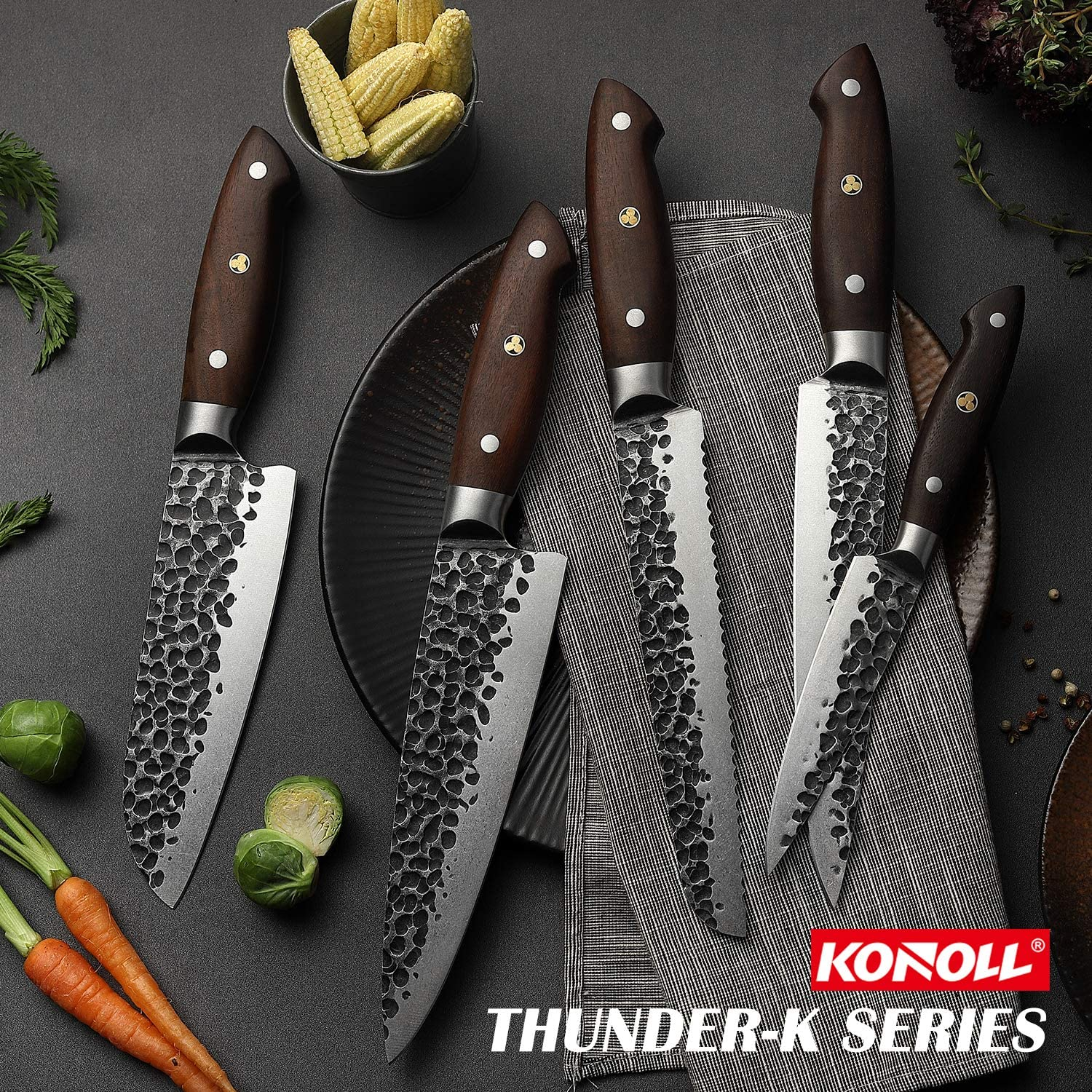 KONOLL Santoku Knife Janpan Chefs Knife Cleaver 7-Inch Forged Handmade Professional Kitchen Knife, German High Carbon Steel with Wood Handle